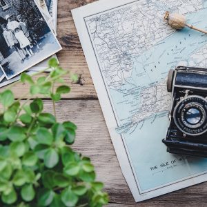 camera, vintage, map
