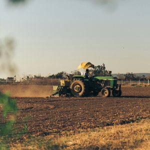 A tractor plows through cropland at dusk, showcasing agricultural life in a rural setting.